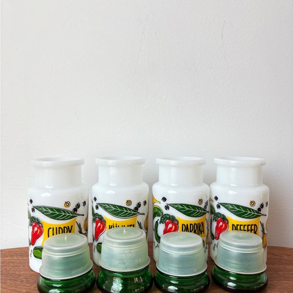 Vintage Kitchen Decor Colorful Spice Jars with Green Lids French Farmhouse Jars - Picture 3 of 13